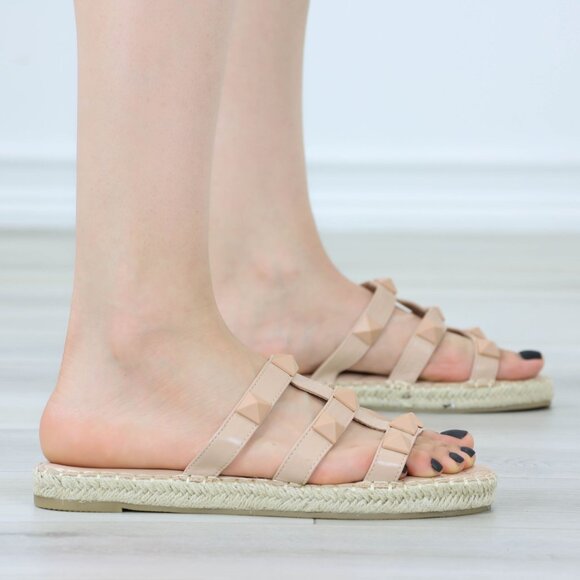 Nude Quilted Pattern Espadrille Trendy Comfy Flat Sandal Slip On Sliders - Picture 7 of 15